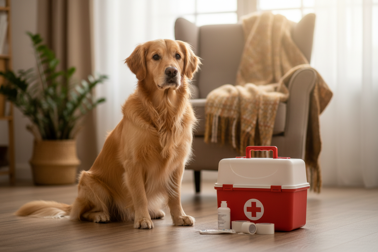 A dog with a first aid box