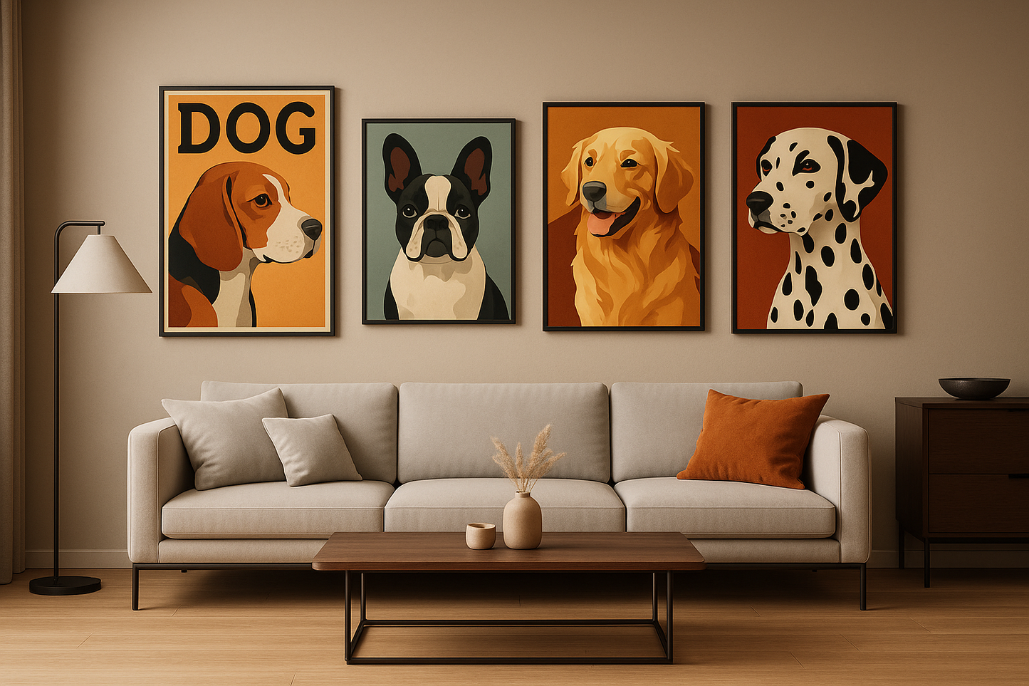 Create a contemporary lounge with dog themed posters on the wall