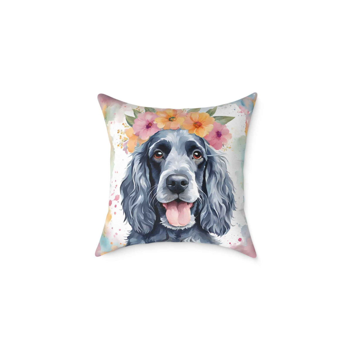 Blue roan Cocker Spaniel flower crown watercolour cushion – Dogstastic