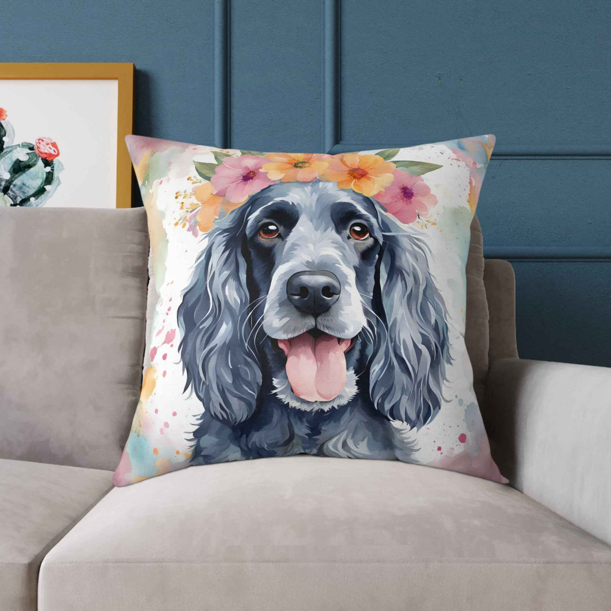 Blue roan Cocker Spaniel in a flower crown, watercolour cushion on a sofa – Dogstastic