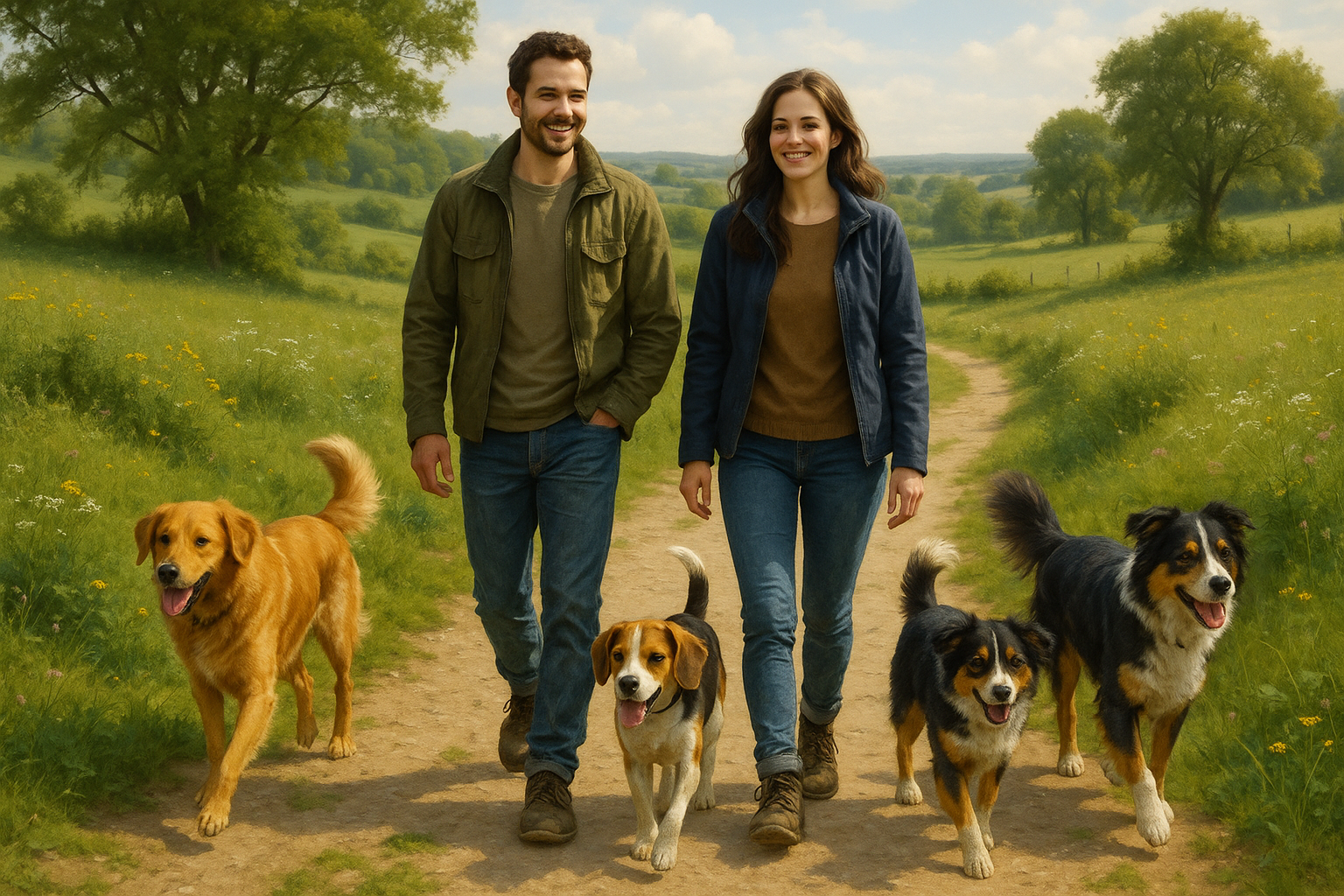 A photorealistic portrait of a man and a woman out walking in the countryside with three medium sized dogs.