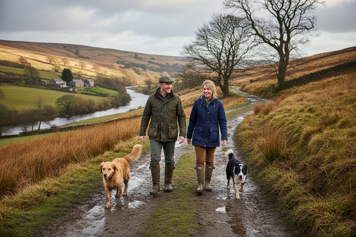 create an image of a man and a woman walking in the muddy countryside with their two dogs