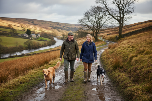 create an image of a man and a woman walking in the muddy countryside with their two dogs
