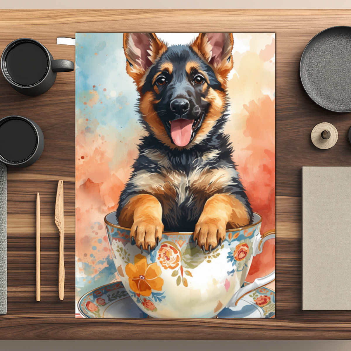 German Shepherd Tea Towel – Pup in a Cup, 100% Cotton Dog Lover Gift