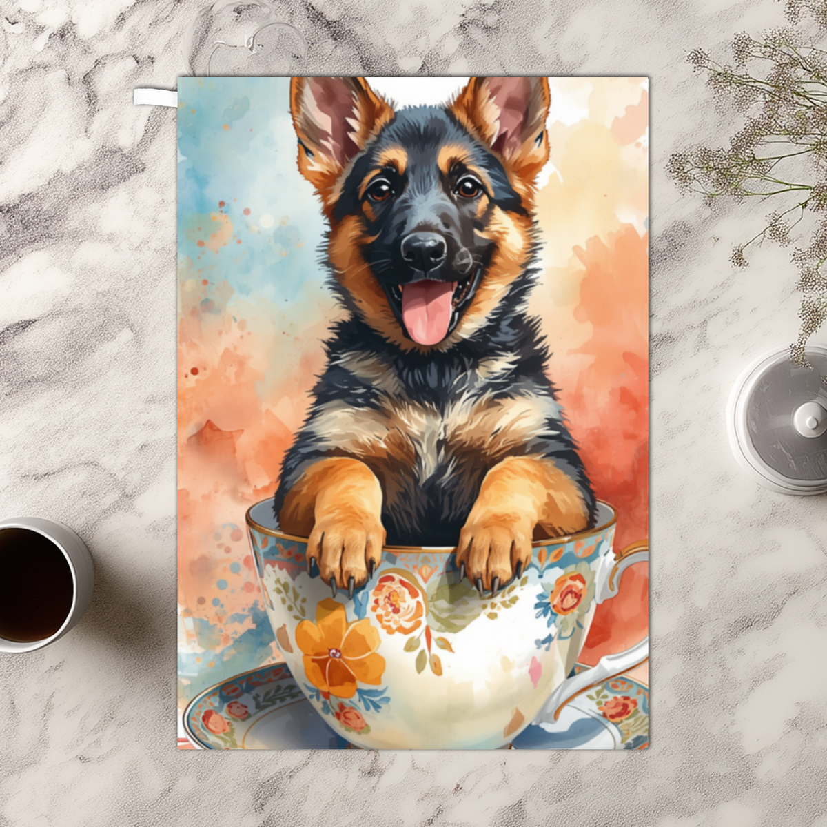 German Shepherd Tea Towel – Pup in a Cup, 100% Cotton Dog Lover Gift