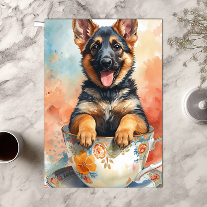 German Shepherd Tea Towel – Pup in a Cup, 100% Cotton Dog Lover Gift