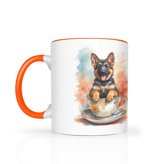 German Shepherd pup in a cup two-tone mug with orange handle and inside – Dogstastic