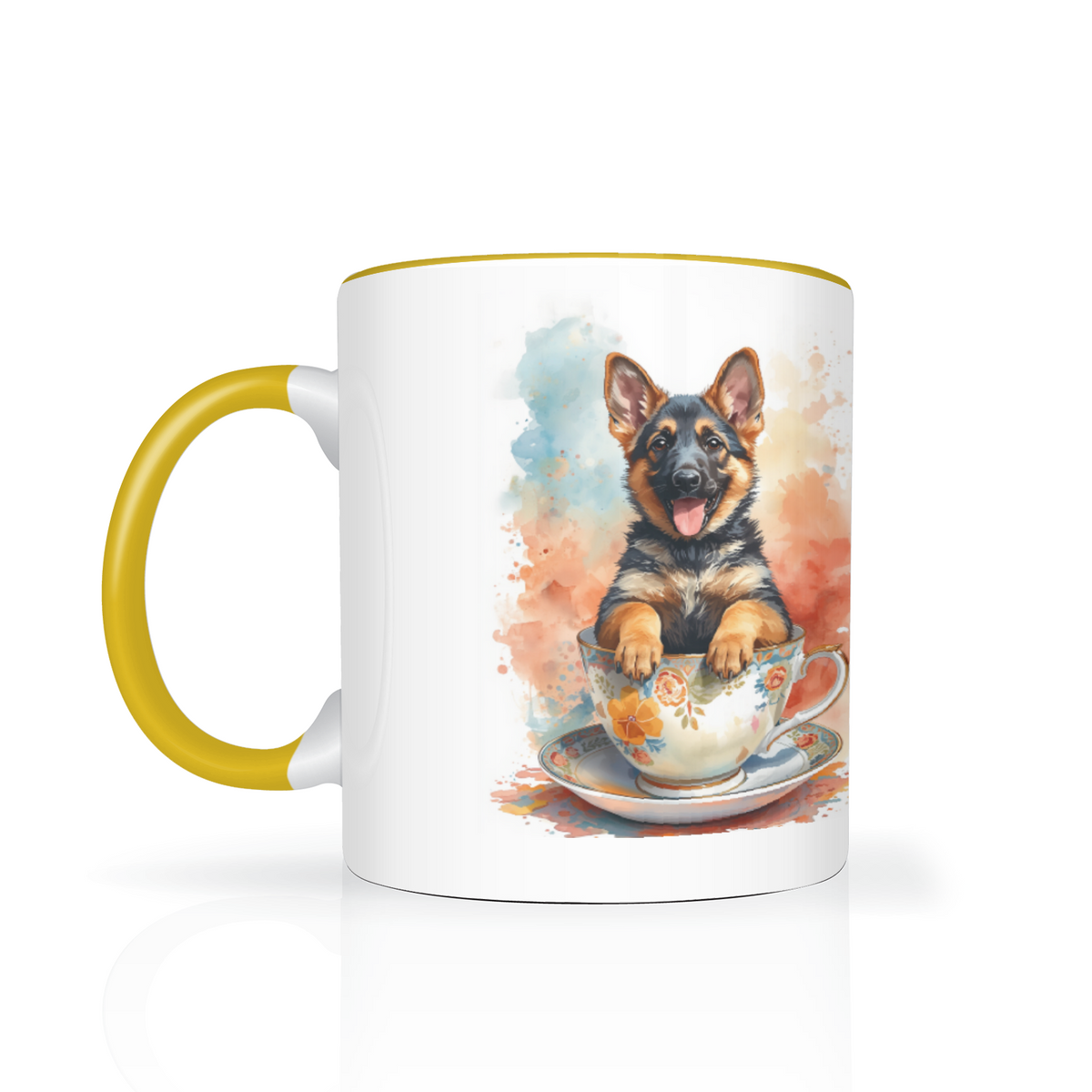 German Shepherd pup in a cup two-tone mug with yellow handle and inside – Dogstastic
