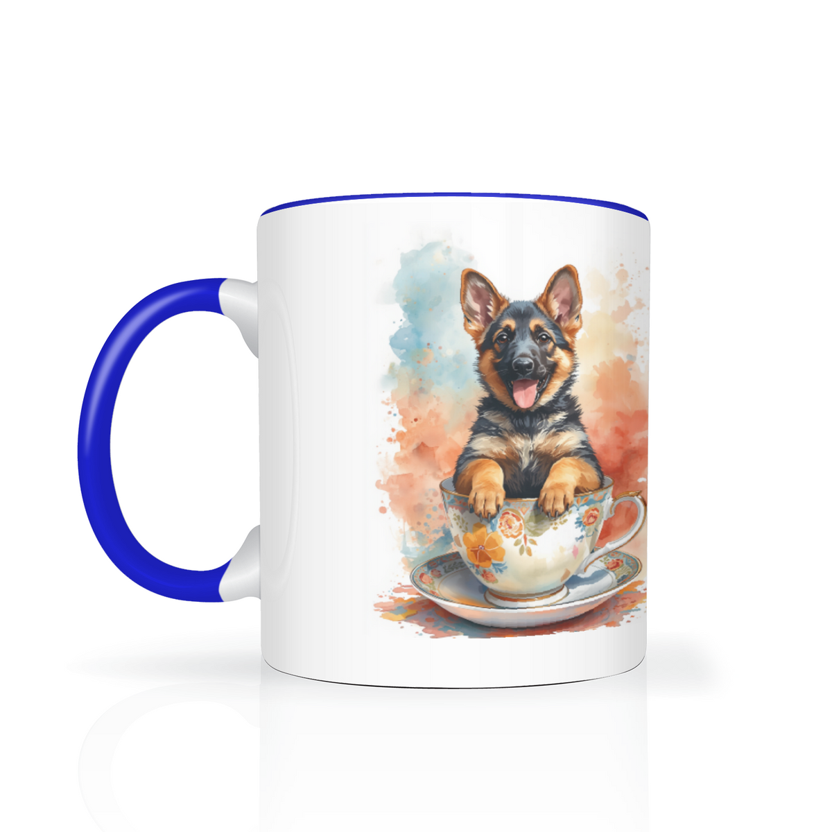 German Shepherd pup in a cup two-tone mug with blue handle and inside – Dogstastic
