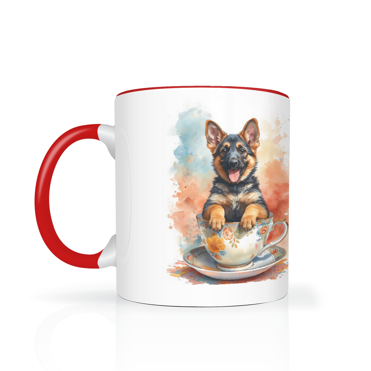 German Shepherd pup in a cup two-tone mug with red handle and inside – Dogstastic